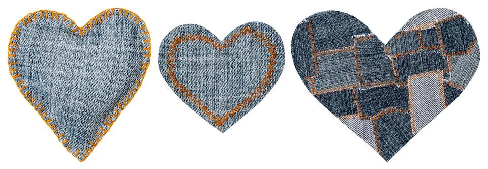 Jeans Heart Shape Patch Object with Stitches Seam, Decorative Fabric Joint Stock Photos