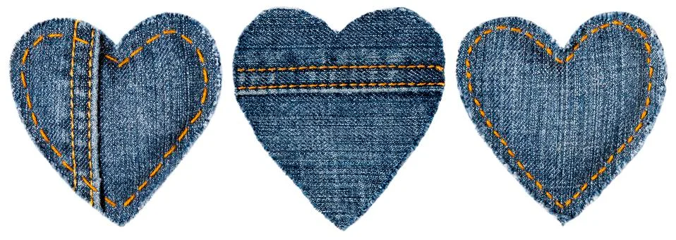 Jeans Heart Shape Patch Object with Stitches Seam, Decorative Fabric Joint Stock Photos