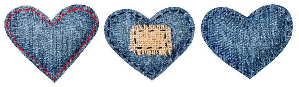 Jeans Heart Shape Patch Object with Stitches Seam, Decorative Fabric Joint Stock Photos