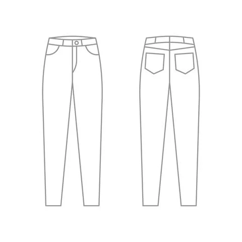 Jeans pants technical outline template, trousers denim with pockets. Fabric Stock Illustration