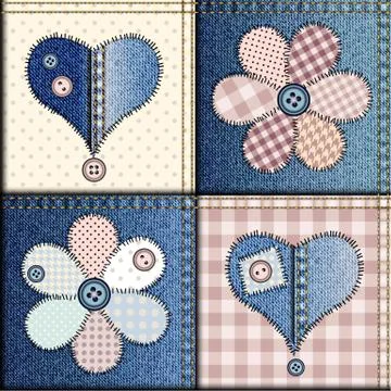 Jeans patchwork with applique of flowers and hearts Stock Illustration