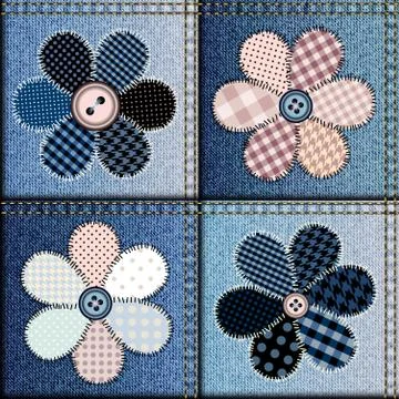 Jeans patchwork with applique of flowers Stock Illustration