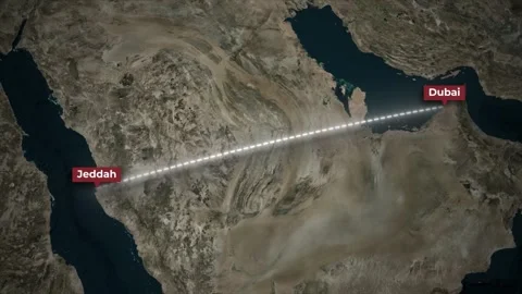 Jeddah to Dubai Airplane Flight Path Animation on Satellite Map Background Stock Footage 340354464