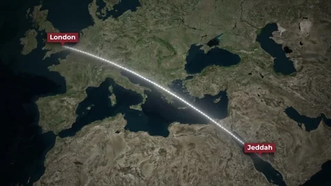 Jeddah to London Flight Route Map Animation with Satellite Background Stock Footage 340345970