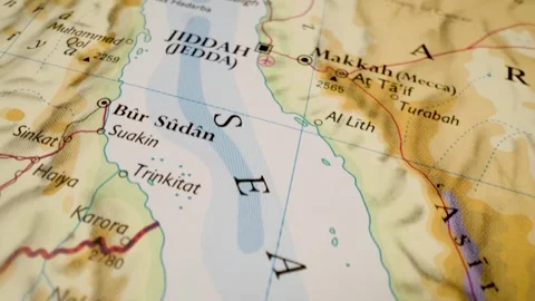 To jeddah, saudi arabia over the red sea, gliding over atlas map Stock Footage 340106687