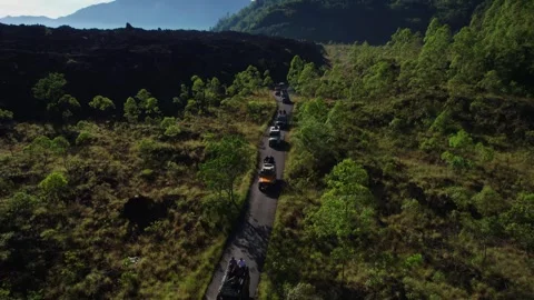 Jeep Convoy Driving to Lava Fields at Mount Batur, Bali – Aerial View Stock Footage 313874667