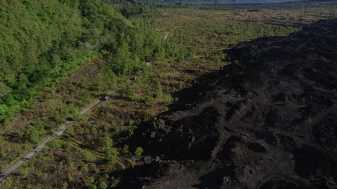 Jeep Convoy Driving to Lava Fields at Mount Batur, Bali – Aerial View Stock Footage 313874781