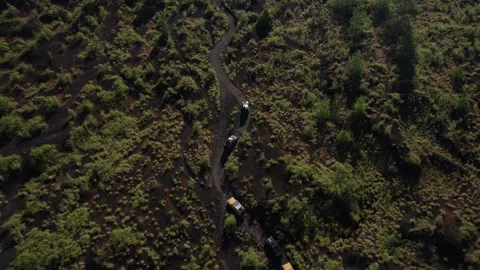 Jeep Convoy Driving to Lava Fields at Mount Batur, Bali – Aerial View Stock Footage 313874995