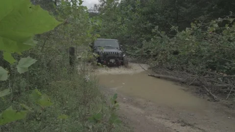 Jeep Gladiator driving off road through large puddle S-Log3.cine ProRes4444 Stock Footage 236409761