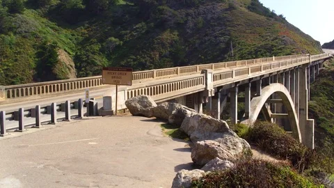 Jeep Pulls into Vista Point at Rocky Creek Bridge by Aerial Drone Stock Footage 80963879