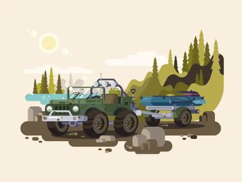 Jeep SUV with boat Stock Illustration