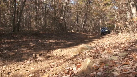 JEEP WINDS DOWN A LONG TRAIL AND COMES OVER A ROCK IN THE WOODS Stock Footage 136123979