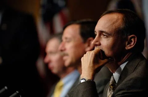 Jeff Hanley, Constellation Program Manager, right, listens to a question d... Stock Photos