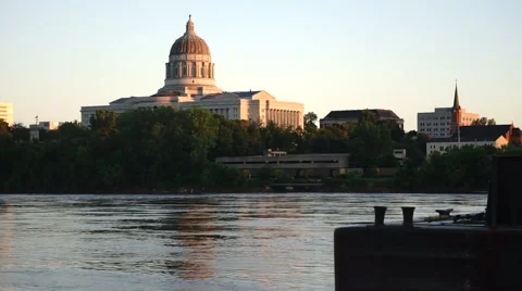Jefferson City Missouri Capital Building River View Pan Up  Stock Footage