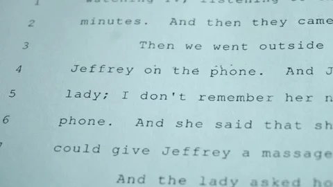 Jeffrey Epstein Palm Beach Case, Testimony Transcript of Victim, Text on Paper Stock Footage 324042321