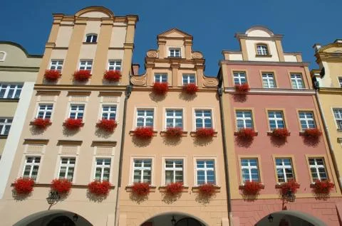 JELENIA GORA, POLAND - AUGUST 16: Buildings on marketplace in Jelenia Gora ci Stock Photos