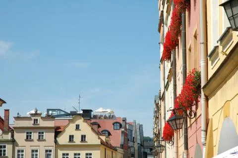 JELENIA GORA, POLAND - AUGUST 16: Buildings on marketplace in Jelenia Gora ci Stock Photos