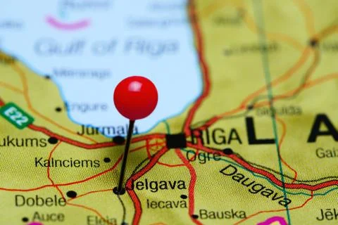 Jelgava pinned on a map of Latvia Foto stock