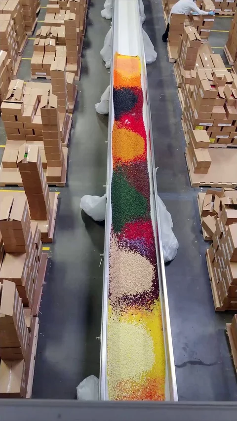 Jelly belly beans loading on conveyer belt in factory Stock Footage 109499980