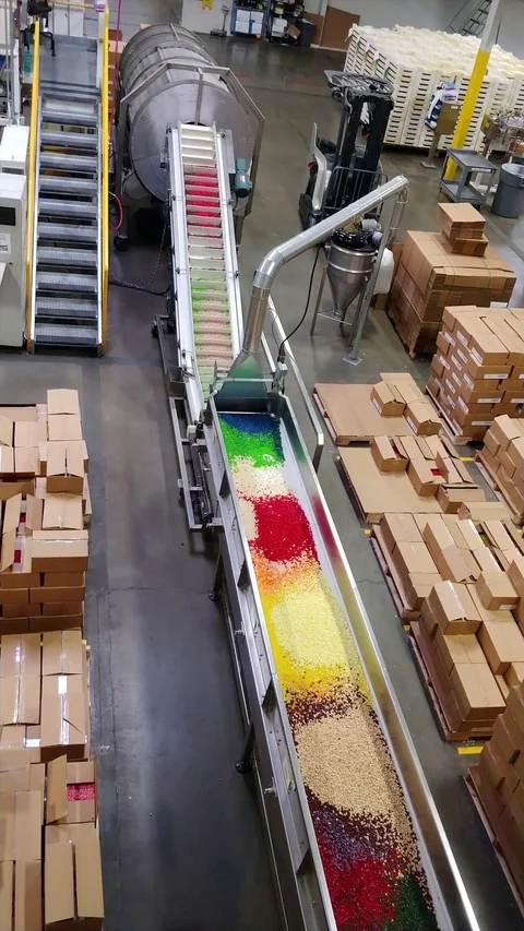 Jelly belly beans loading on conveyer belt in factory Stock Footage 109499984
