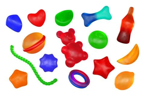 Jelly candy. 3d gummy sweets, cola or fruit bear, worm sugar animal. Soft Stock Illustration
