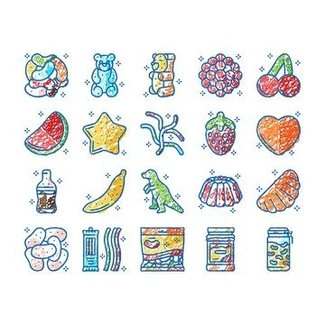 Jelly candy gummy bear fruit gum icons hand drawn Stock Illustration