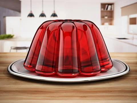Jelly in the plate standing on the kitchen table. 3D illustration Stock Illustration
