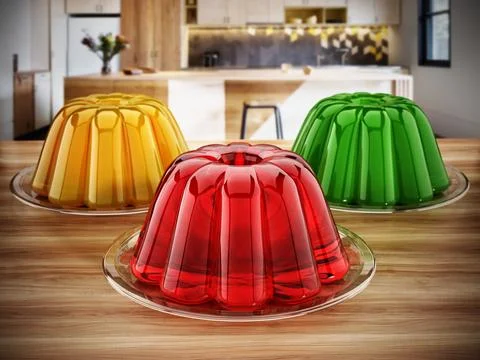 Jelly in the plate standing on the kitchen table. 3D illustration Stock Illustration