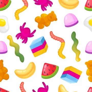 Jelly seamless pattern. Color sweet candies, chewy gummies various tastiest Stock Illustration