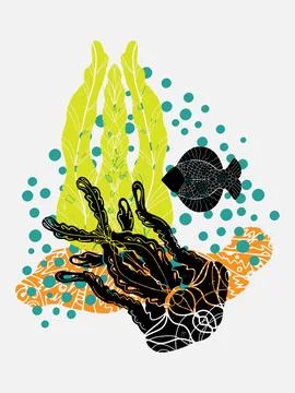 Jellyfish, algae, fish and abstract color spots. Sea life. Vector Stock Illustration