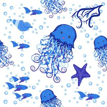 Jellyfish animals bright seamless patterns. Seamless pattern with detailed je Stock Illustration