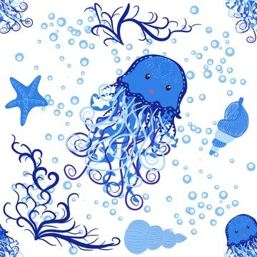 Jellyfish animals bright seamless patterns. Seamless pattern with detailed je Illustrazione stock