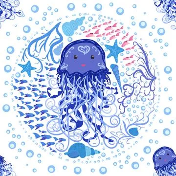 Jellyfish animals bright seamless patterns. Seamless pattern with detailed je Stockillustratie