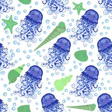 Jellyfish animals bright seamless patterns. Seamless pattern with detailed je Stock Illustration