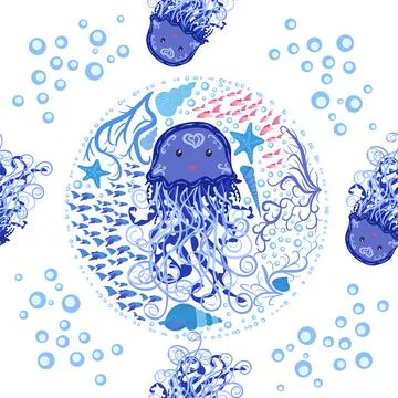 Jellyfish animals bright seamless patterns. Seamless pattern with detailed je Stock Illustration