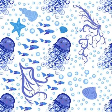 Jellyfish animals bright seamless patterns. Seamless pattern with detailed je Stock Illustration