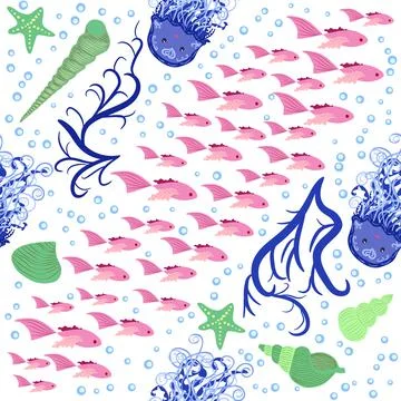 Jellyfish animals bright seamless patterns. Seamless pattern with detailed je Stock Illustration