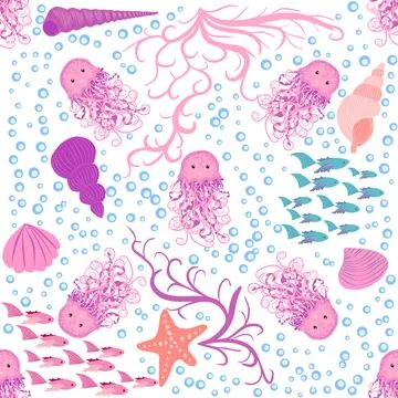 Jellyfish animals bright seamless patterns. Seamless pattern with detailed je Stock Illustration
