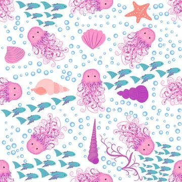 Jellyfish animals bright seamless patterns. Seamless pattern with detailed je Stock Illustration