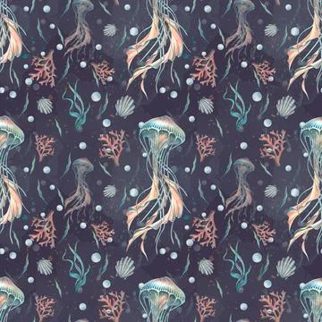 Jellyfish with corals, shells and algae on a dark blue background. Watercolor Stock Illustration