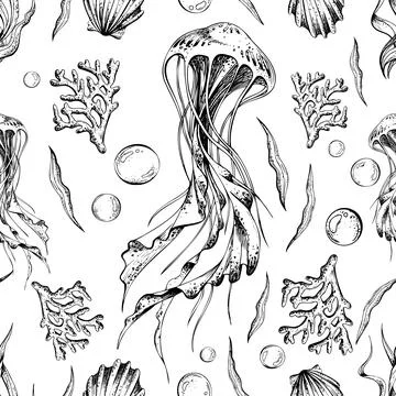 Jellyfish, corals, shells and bubbles. Marine illustration of the underwater 스톡 일러스트