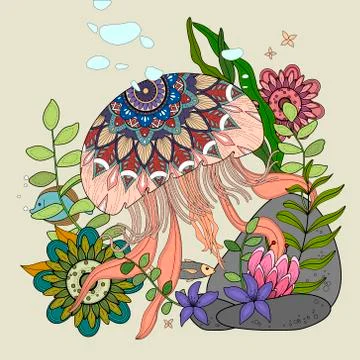 Jellyfish floating in ocean Stock Illustration