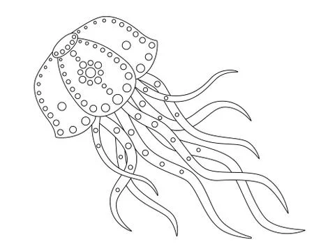 Jellyfish floats - linear vector illustration for coloring. Outline. Stock Illustration
