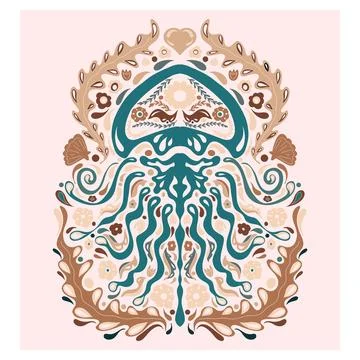 Jellyfish. Folk-style pattern, symmetrical, detailed vector element. Rustic,  Stockillustratie