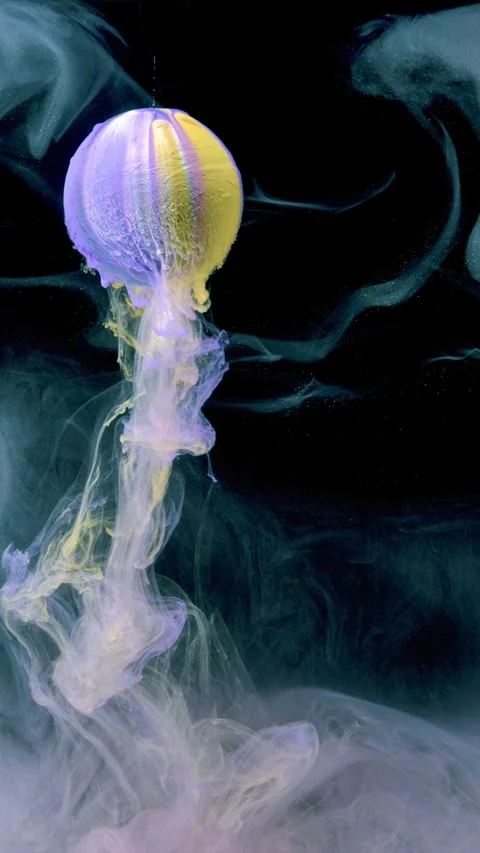 Jellyfish-like organism rising with trailing translucent tentacles and ink-like  Stock Footage 340780583