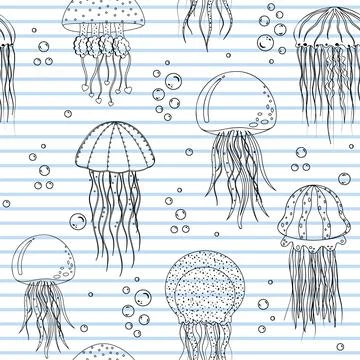 Jellyfish pattern black outline white background, vector illustration on stri Stock Illustration