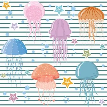 Jellyfish pattern, color vector illustration on a white striped background Stock Illustration