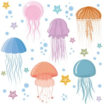 Jellyfish pattern, color vector illustration on a white background Stock Illustration