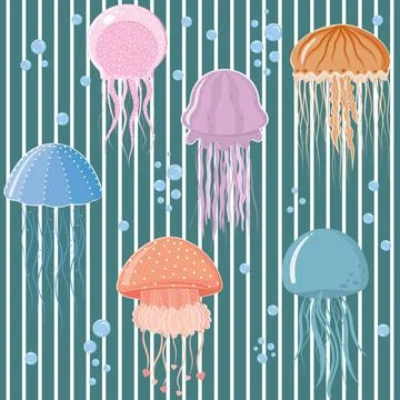 Jellyfish pattern, color vector illustration on a blue striped background Stock Illustration