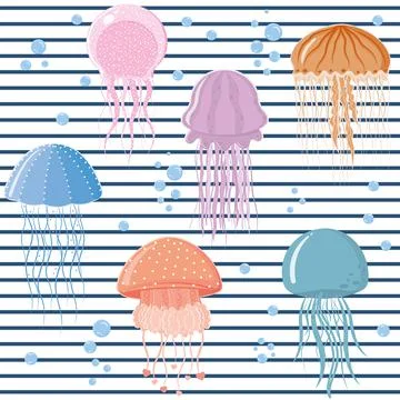 Jellyfish pattern, color vector illustration on a white striped background Stock Illustration